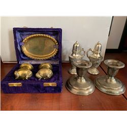 Lot of Silver Wares includes salt and pepper shakers and candle holders