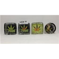 3 SQUARE AND 1 CIRCULAR GLASS WEED THEMED ASHTRAYS
