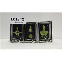 3 RECTANGLE GLASS WEED THEMED ASHTRAYS