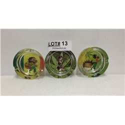 3 CIRCULAR GLASS WEED THEMED ASHTRAYS