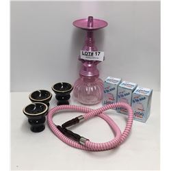 PINK HOOKA IN CASE, 3 3-IN-1 HEBA FILTERS, AND 3 BOWLS