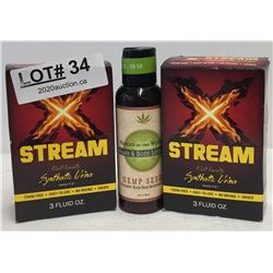 2 BOXES STREAM SYNTHETIC URINE AND BOTTLE OF NAKED IN THE WOODS HAND AND BODY LOTION
