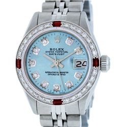 Rolex Ladies Stainless Steel Sky Blue Diamond & Ruby Datejust Wristwatch