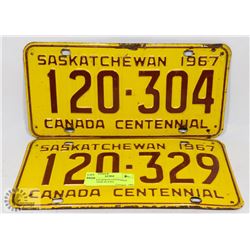 2 SASKATCHEWAN CENTENNIAL 1967 LICENSE PLATES.