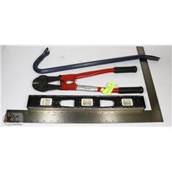 LOT WITH BOLT CUTTERS, LEVEL, RULER AND PRYBAR.