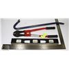 LOT WITH BOLT CUTTERS, LEVEL, RULER AND PRYBAR.