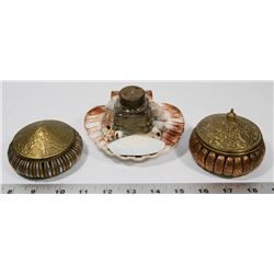 TWO HANDCRAFTED COPPER LIDDED BOXES AND A INK