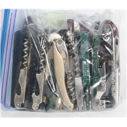 BAG OF ASSORTED CORKSCREWS AND BOTTLE OPENERS.