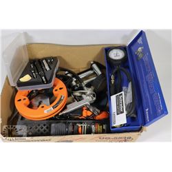 BOX OF TOOLS INCLUDING SCHRADER DIAL PRESSURE