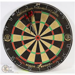 NODOR DART BOARD WITH A SET OF DARTS.