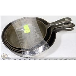 SET OF 4 CAST IRON SKILLETS. 11”, 10”, 9” AND 8”.