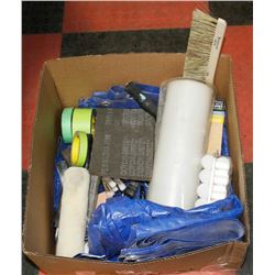 LARGE BOX OF PAINTING SUPPLIES AND TOOLS -