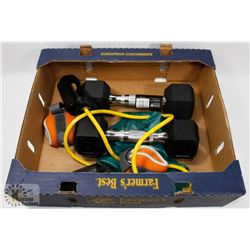 BOX OF WEIGHTS AND EXERCISE EQUIPMENT.