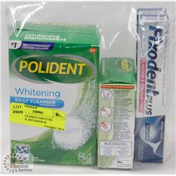 BAG W/ POLIDENT DENTURE CLEANSER, RETAINER &