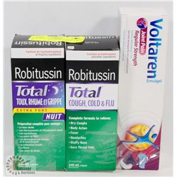 LOT OF 2 BOXES ROBITUSSIN, 1 BOX VOLTAREN