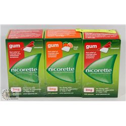 LOT OF 3 NICORETTE GUM, MIXED. 105 PIECES PER BOX.