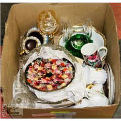 BOX OF MISC COLLECTIBLES INCL SOME CRYSTAL.