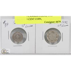 LOT OF 2 CANADA COINS, 1913 SILVER 5 CENT COIN,
