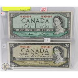 CANADA 1954 $20 AND $1 BILLS