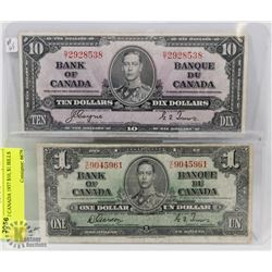 LOT OF 2 CANADA 1937 $10, $1 BILLS