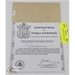 GOV OF BARBUDA 23K GOLD $30 BANK NOTE