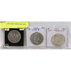 LOT OF 3 USA HALF DOLLARS 1893, 1951, 1964