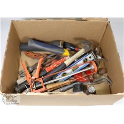 BOX OF TOOLS, HAMMERS. LEVEL, KNIFE, FLASHLIGHT