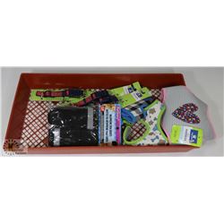 LOT OF DOG SUPPLIES INCL 3 HARNESS, 3 LED COLLARS,