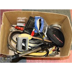 BOX OF ASSORTED SAWS, FILTER, WRENCH AND MORE