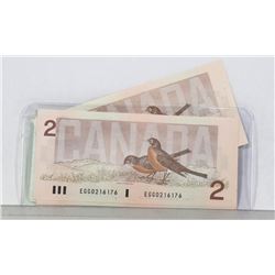 LOT OF 10 - 1986 CANADIAN $2.00 UNC SEQUENTIAL