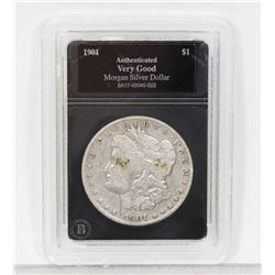 1901 ENCASED US MORGAN SILVER DOLLAR.