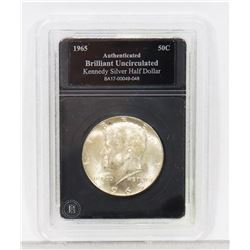 1965 ENCASED US KENNEDY SILVER HALF DOLLAR COIN.