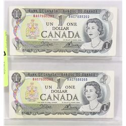 TWO CANADIAN 1973 DOLLAR BILLS IN SEQUENCE.