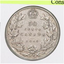 1919 CANADIAN GV EDWARD VII SILVER 50 CENT COIN