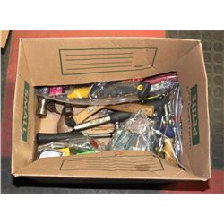BOX WITH TAPE MEASURERS, SCREW DRIVERS AND MORE