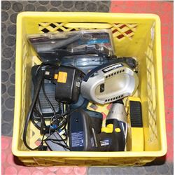 CRATE OF RECHARGABLE TOOLS/STAPLER/STUD FRAME.