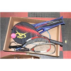 BOX W/7 VARIOUS RAQUETS INCL.
