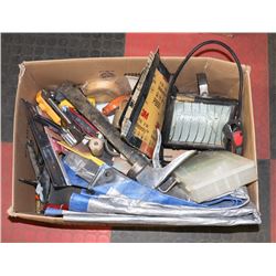 LARGE BOX OF PAINTING/DRYWALL TOOLS AND