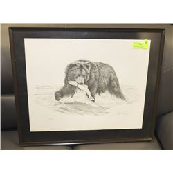 FRAMED SIGNED NUMBERED GRIZZLY BEAR WITH FISH