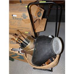 DOLLY WITH WICKER BASKET, COAL SCUTTLE, FIRPLACE