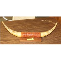 LEATHER WRAPPED BULL HORNS WALL HANGING