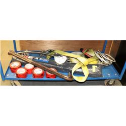 SHELF WITH WRECKING BARS, TAPE, WEED EATER REFILLS