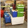 Image 1 : PALLET WITH CAMP COOLERS, WATER JUGS AND SKIS