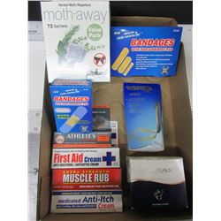 Flat of Assorted Items / First Aid Bundle / Purex Underarm Pads / moth away