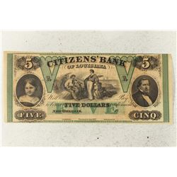 1857 CITIZENS BANK OF LOUISIANA $5 OBSOLETE BANK