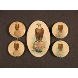 Four Celluloid Pin Backs and 1 Pocket Mirror