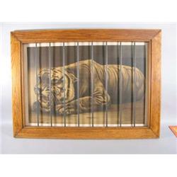 Tiger Print Framed In Wood With Iron Bars