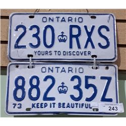 2 VINTAGE ONTARIO LICENSE PLATES