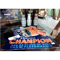 CHAMPION SPARK PLUGS CARDBOARD ADVERTISEMENTS & 3 CHAMPION SPARK PLUG PROMOTIONAL BOTTLES