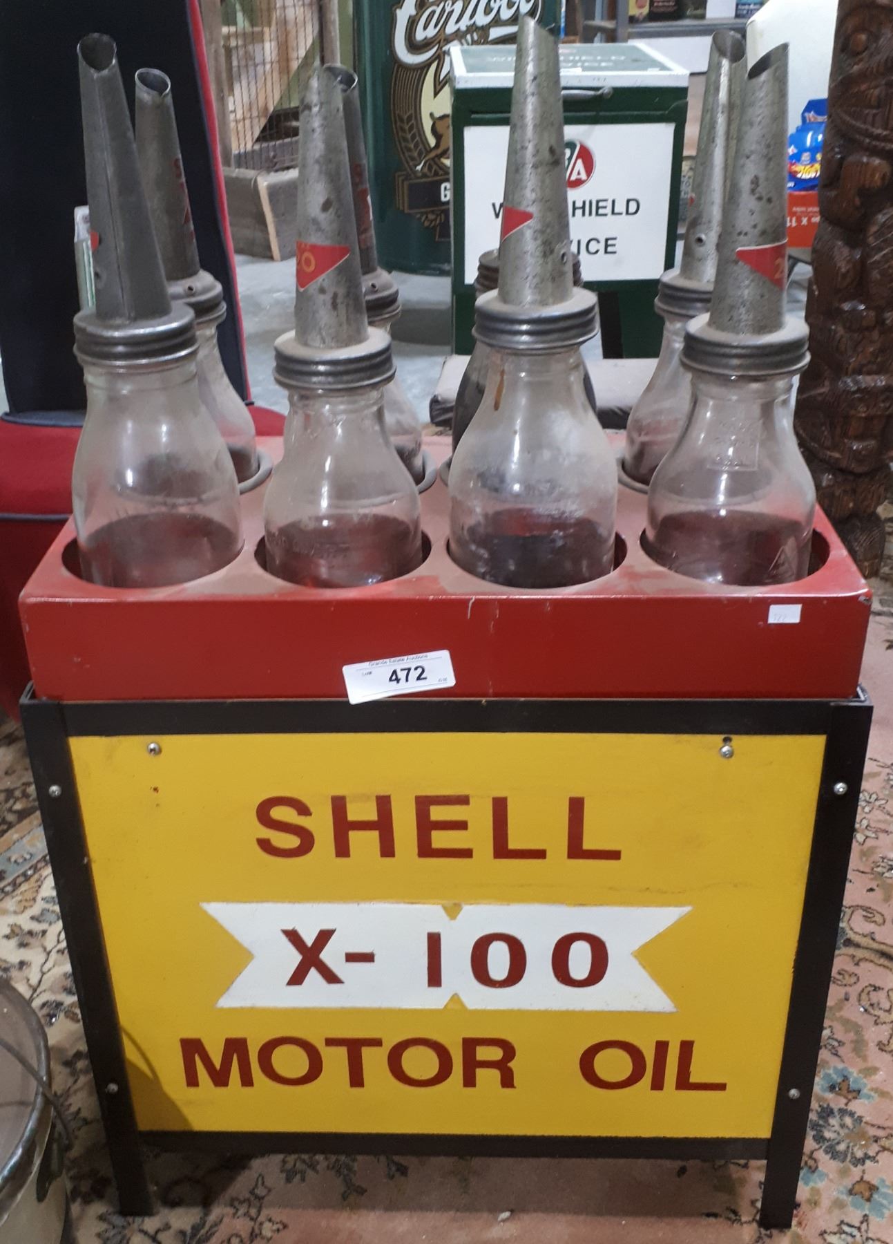 SHELL X-100 MOTOR OIL STAND W/VINTAGE MOTOR OIL BOTTLES